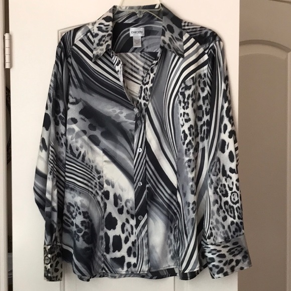 Chico’s Silver Black Animal Print Satin Long Sleeve Button Down Blouse Sz 2 (L) - Picture 1 of 9